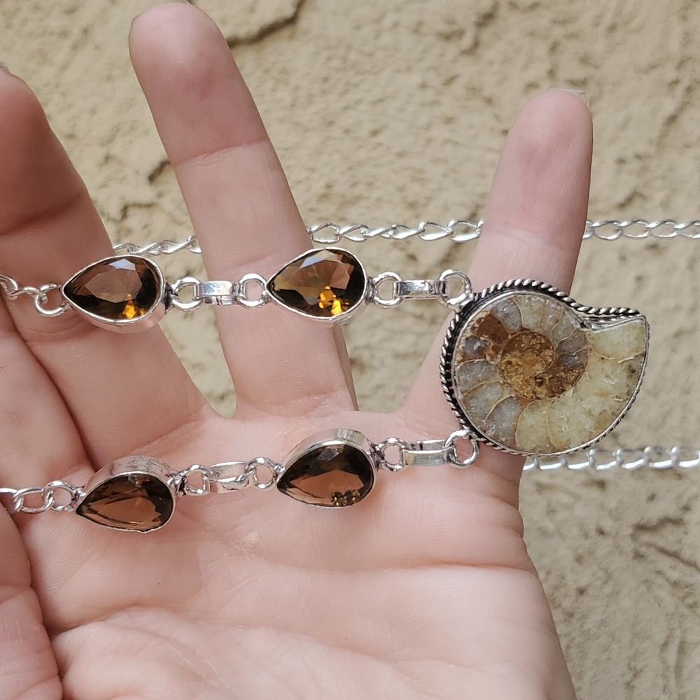 New Ammonite Fossil and Smoky Topaz 925 Silver Necklace. - Picture 2 of 16
